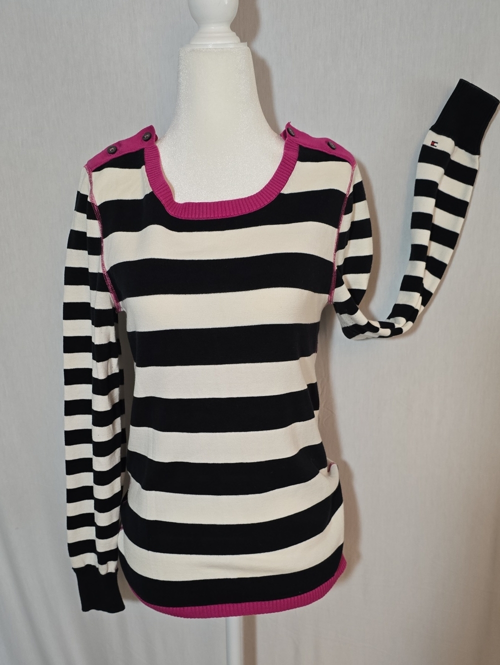 Tommy Hilfiger Black & White Striped Knit Pullover with Pink Trim